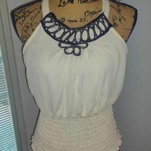 XOXO halter style tie with embellished detail at neckline stretch shirred bottom